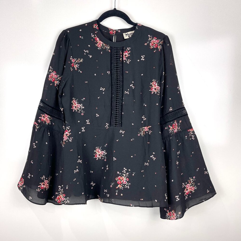 Show Me Your Mumu Lafayette Top Black Floral Long Bell Sleeve Size Medium Peplum